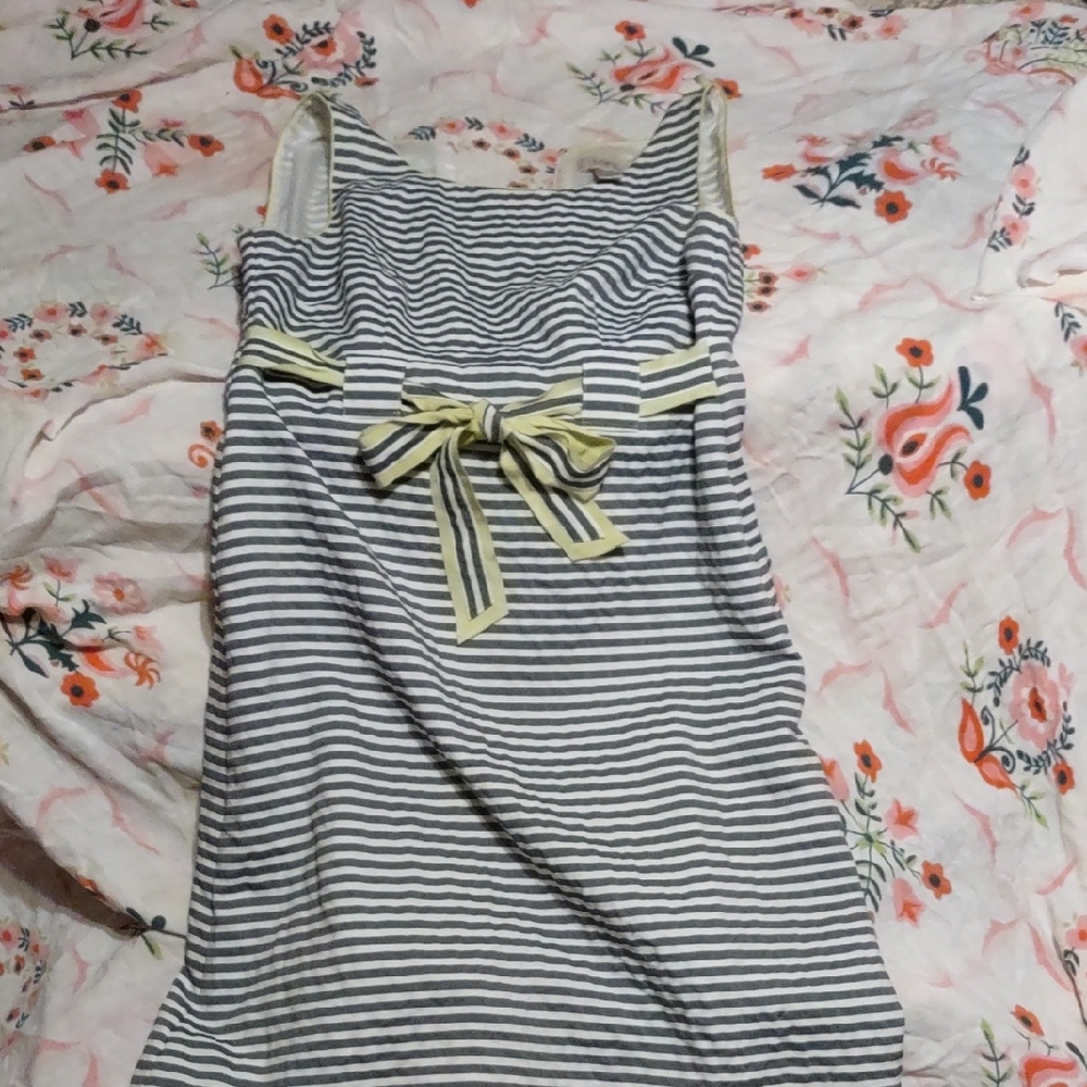 LOFT Black and White Striped Dress with Lime green Accents. Zipper Back.Lined.